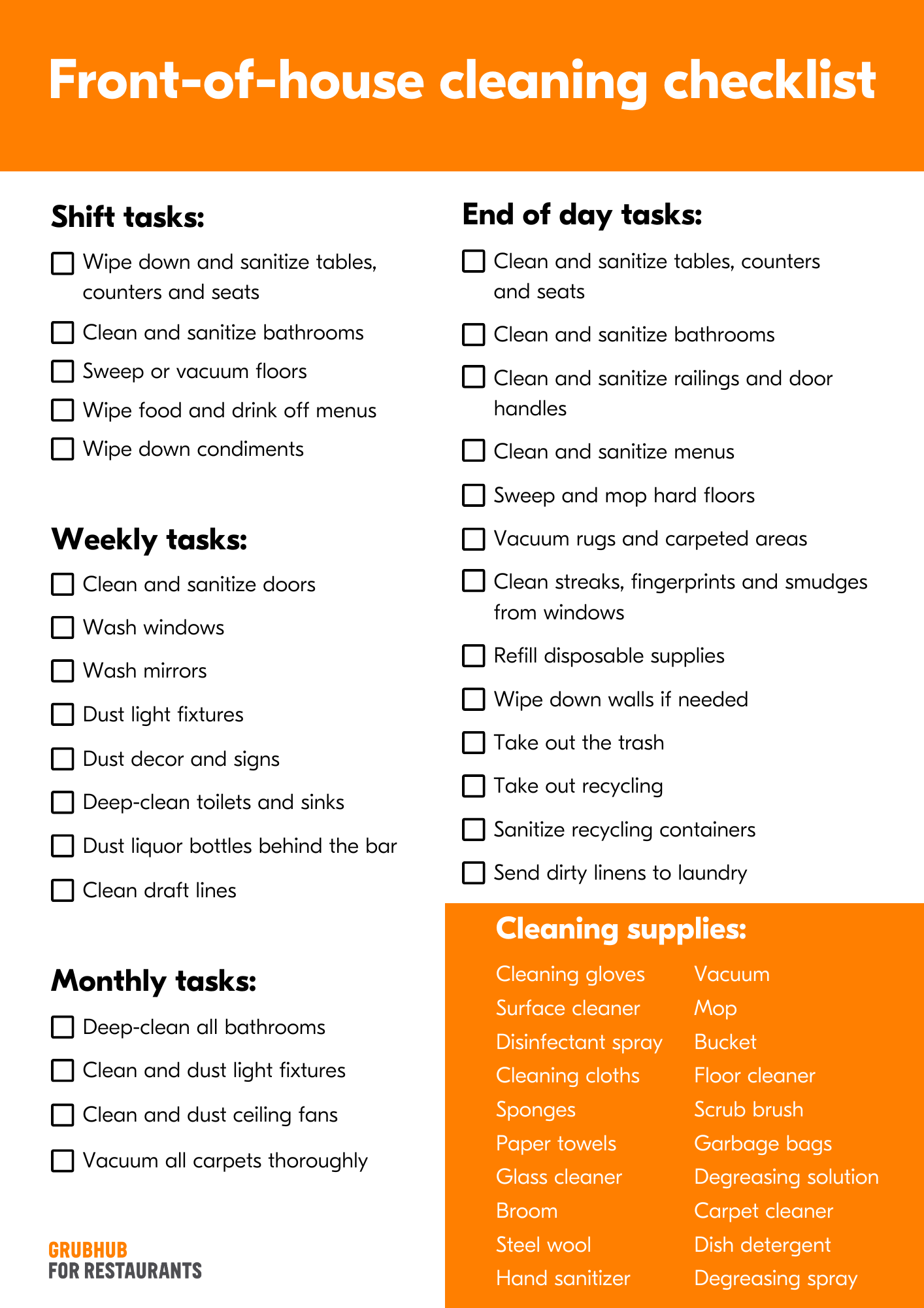 Front Of House Kitchen Cleaning Checklist 